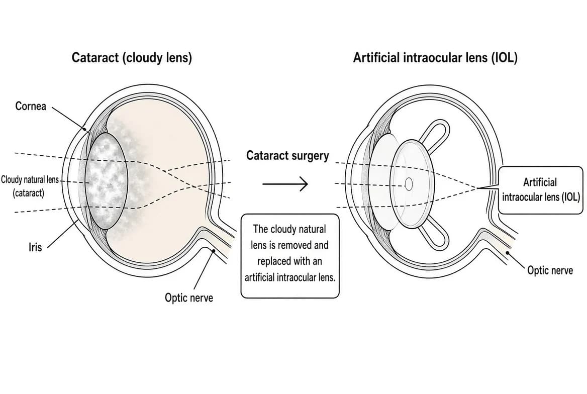 A cataract is a cloudy area in the eye's lens; cataract surgery replaces the cloudy lens with an artificial intraocular lens (IOL).