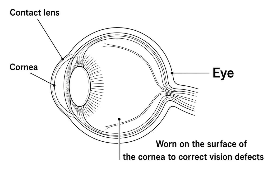 A contact lens is worn directly on the surface of the cornea to correct vision defects.