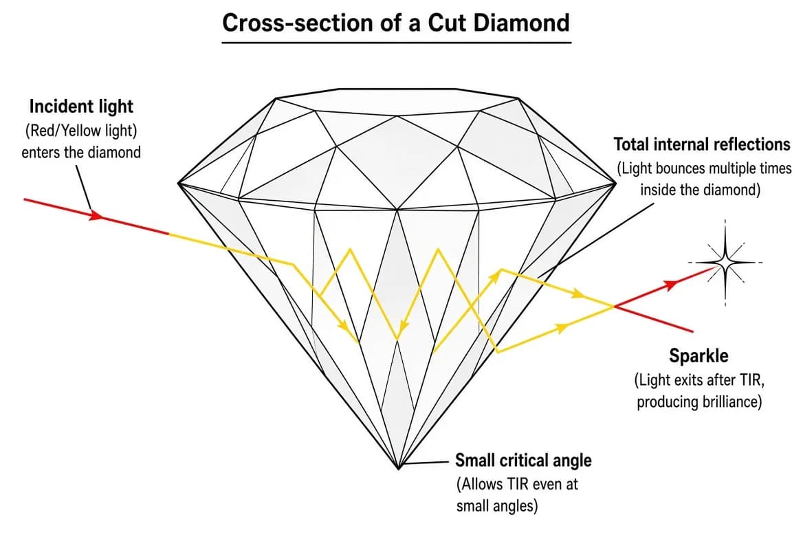 A cut diamond sparkles because light undergoes multiple total internal reflections inside it due to its very small critical angle.
