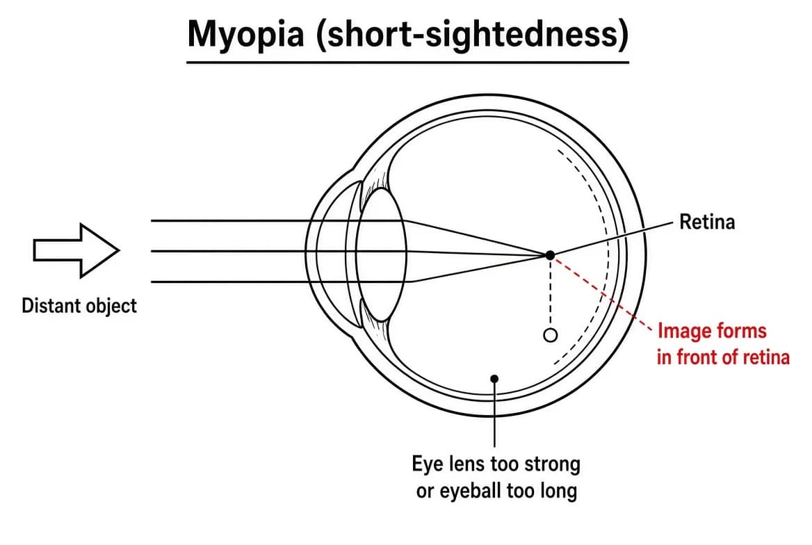 In myopia, light rays from a distant object are focused in front of the retina, often because the eyeball is elongated.