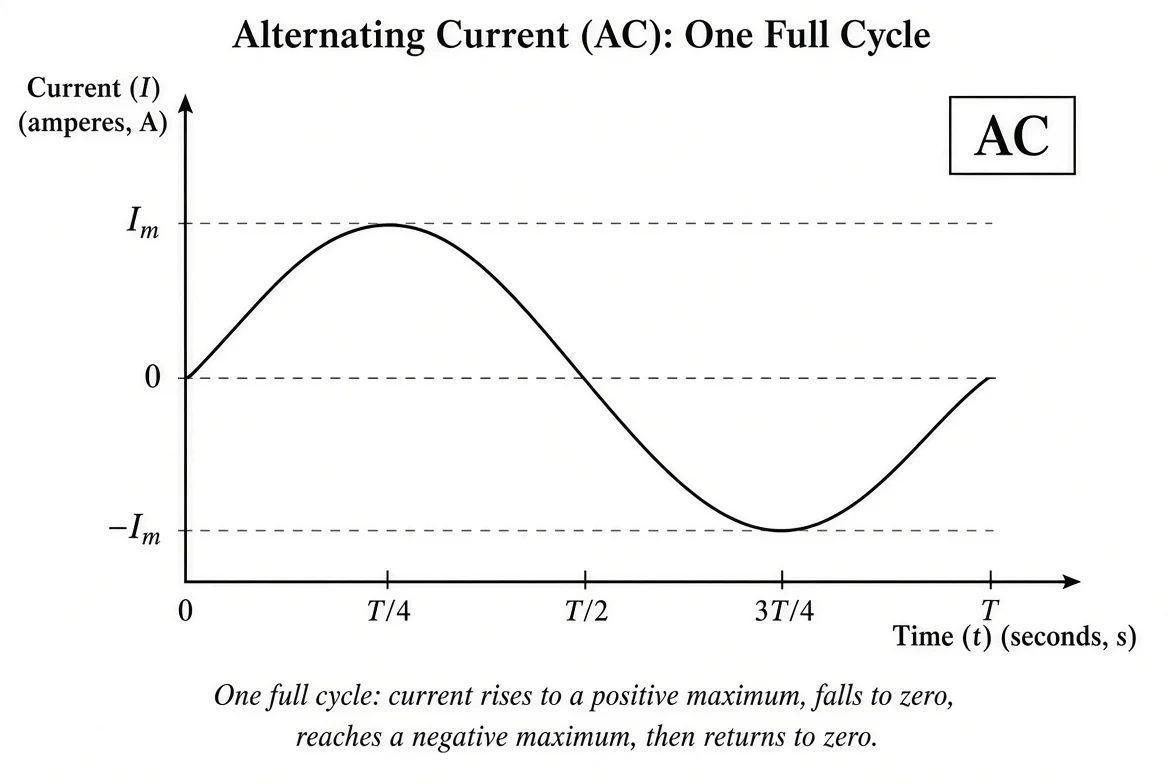 Time-current graph of alternating current: a sine wave completing one cycle.