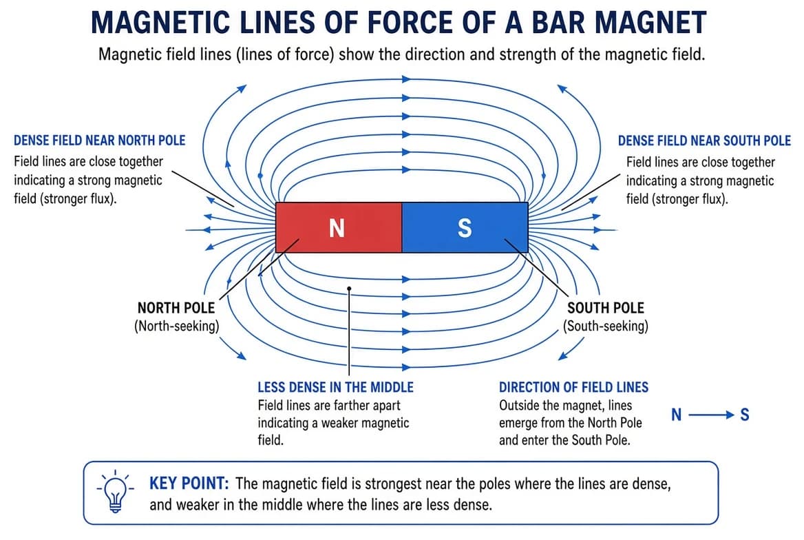 Magnetic lines of force of a bar magnet — denser (stronger flux) near the poles, less dense in the middle.