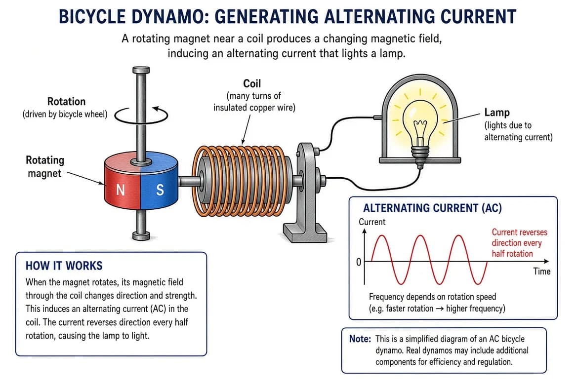 A bicycle dynamo is a source of alternating current — a magnet rotates near a coil to light a lamp.