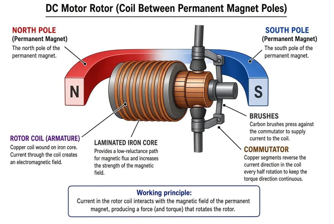 A DC motor's rotor coil placed between the poles of a permanent magnet.