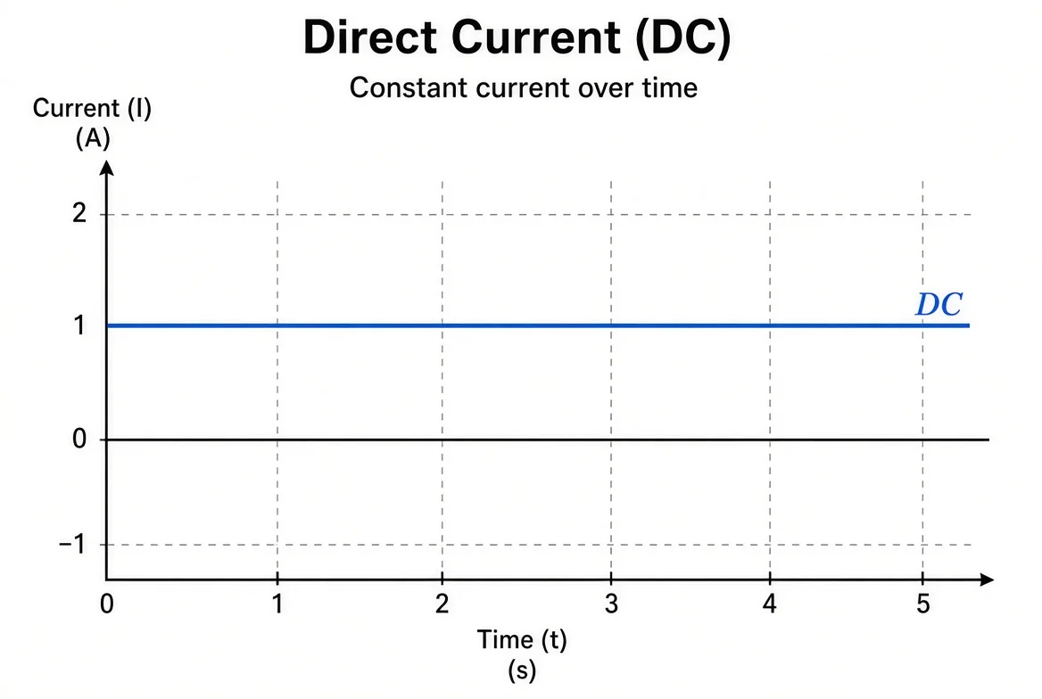 Time-current graph of direct current: a constant horizontal line.