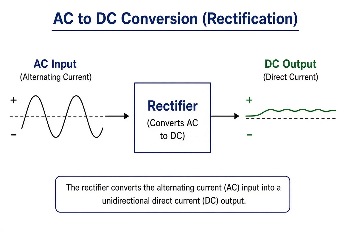 Block diagram: alternating current (AC) passed through a rectifier gives direct current (DC).