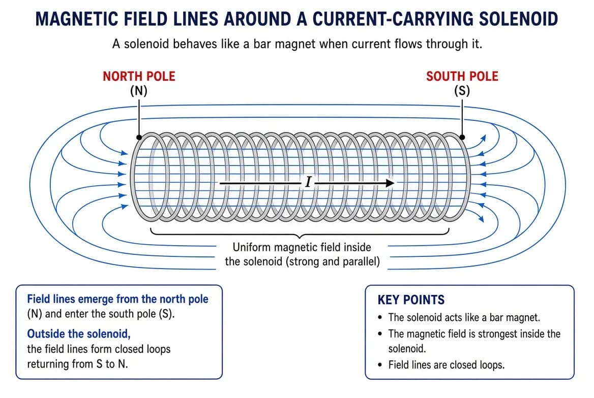 Magnetic field around a current-carrying solenoid, similar to the field of a bar magnet, with N and S poles formed.