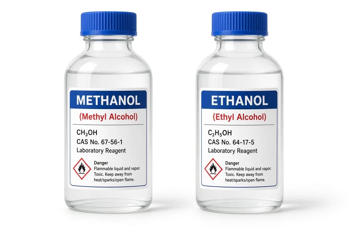Containers of methanol (methyl alcohol) and ethanol (ethyl alcohol) used in industry and medicine.