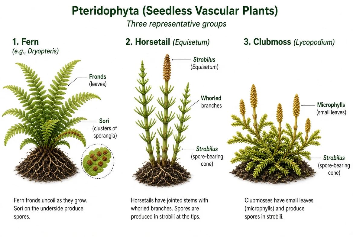 Fern, horsetail and clubmoss representing sub-division Pteridophyta.