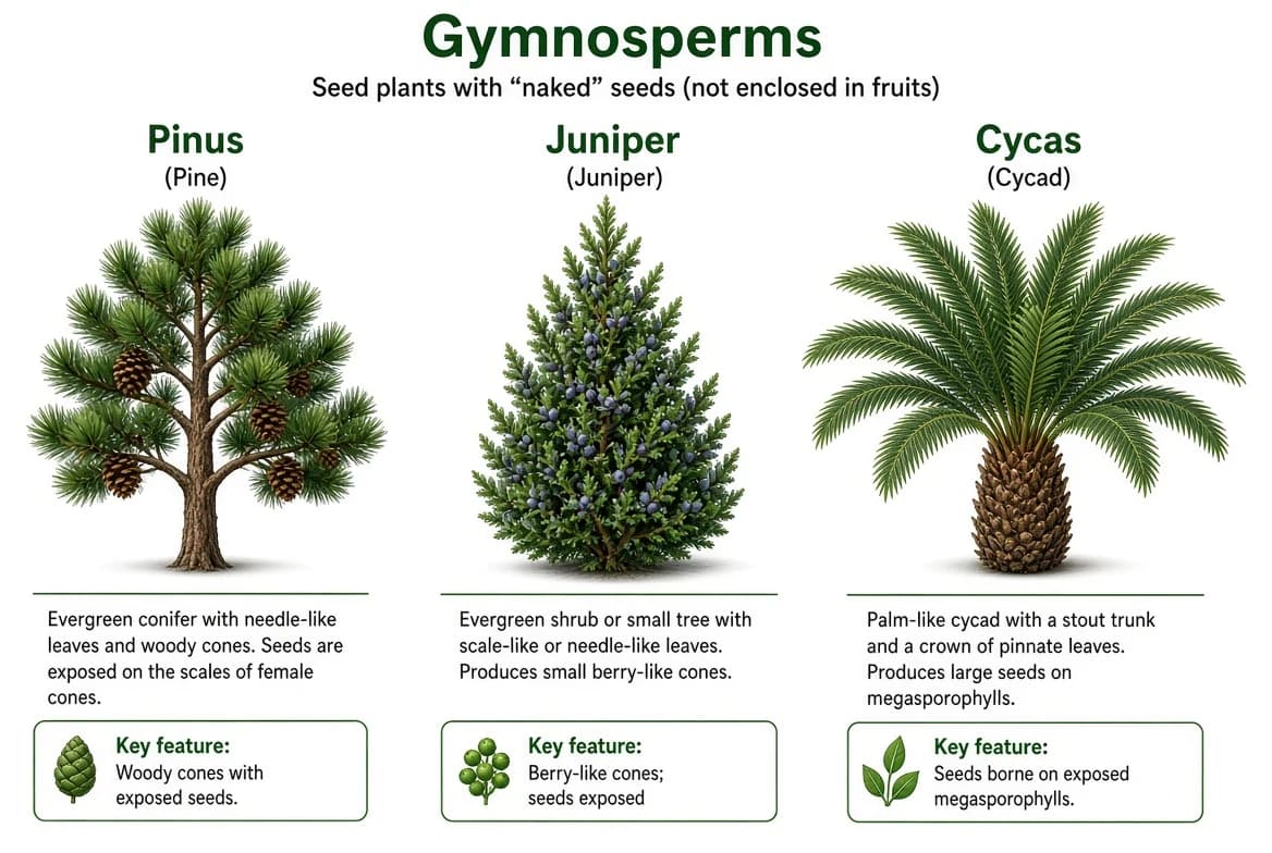 Pinus, Juniper and Cycas representing sub-division Gymnosperm.