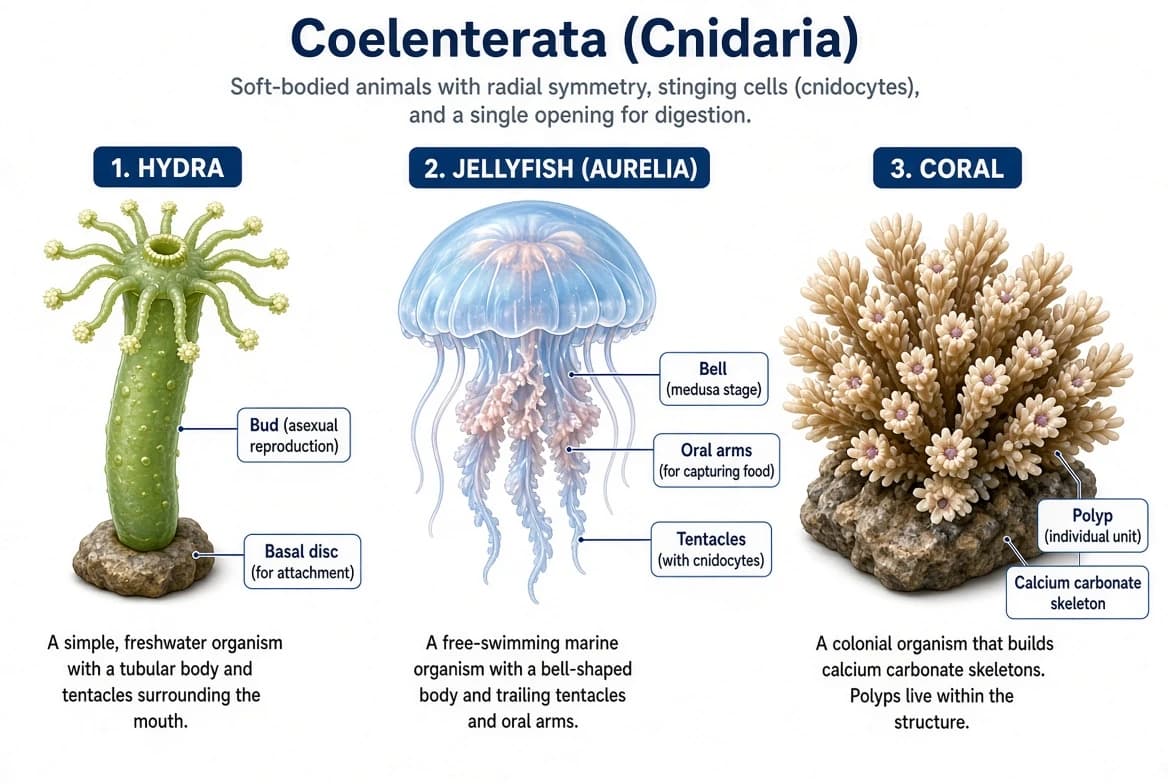 Hydra, Jellyfish and Coral representing phylum Coelenterata.