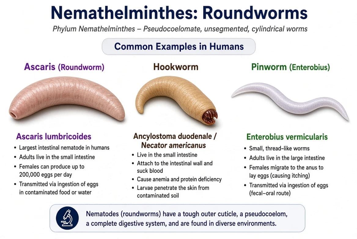 Round worm, hook worm and pinworm representing phylum Nemathelminthes.