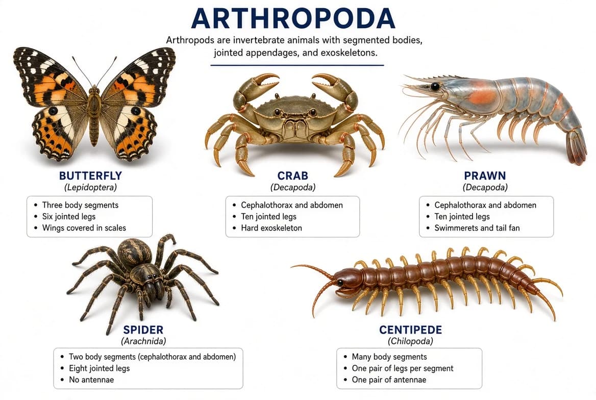 Butterfly, crab, prawn, spider and centipede representing phylum Arthropoda.