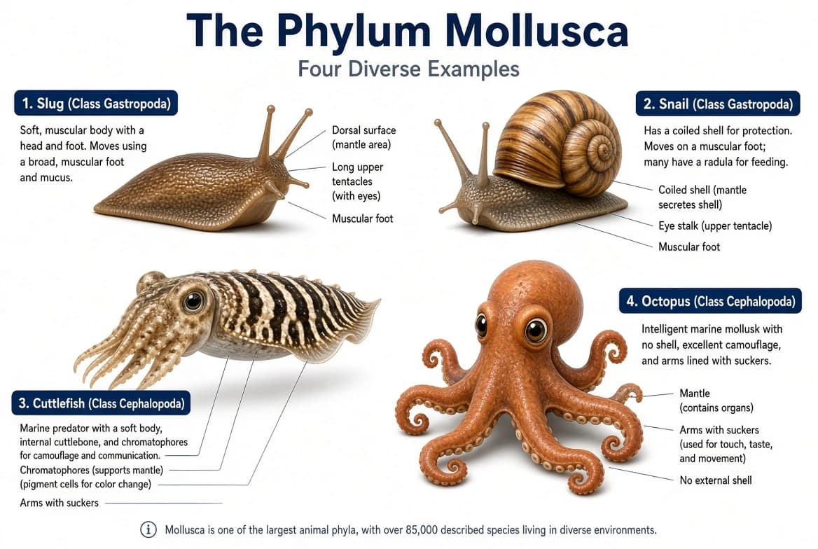 Slug, snail, cuttlefish and octopus representing phylum Mollusca.