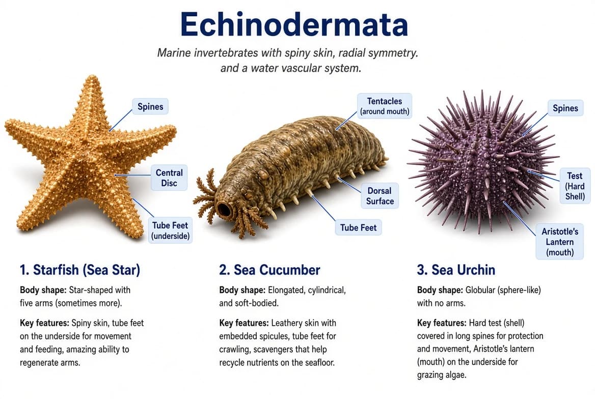 Starfish, sea cucumber and sea urchin representing phylum Echinodermata.
