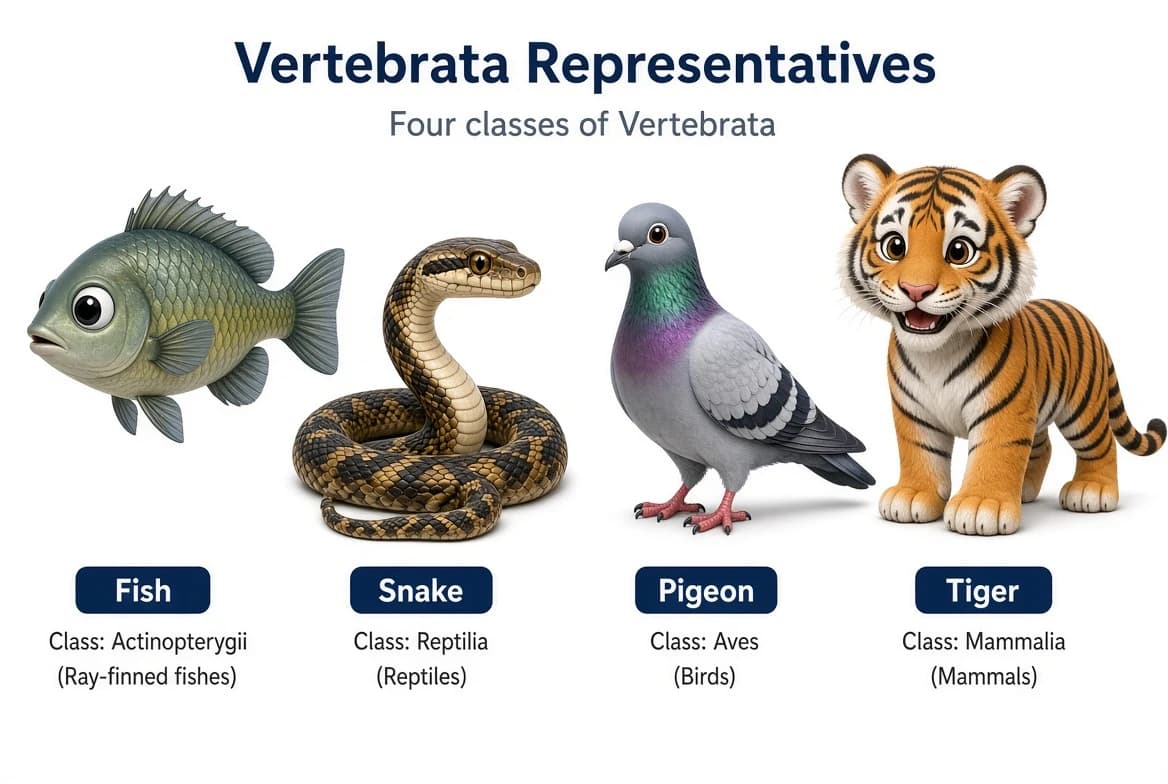 Fish, snake, pigeon and tiger representing sub-phylum Vertebrata.