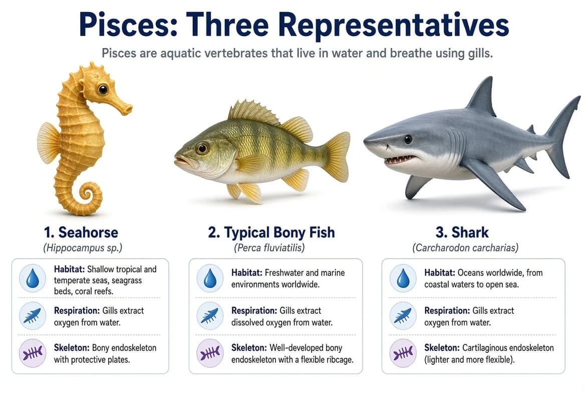 Seahorse, fish and shark representing class Pisces.
