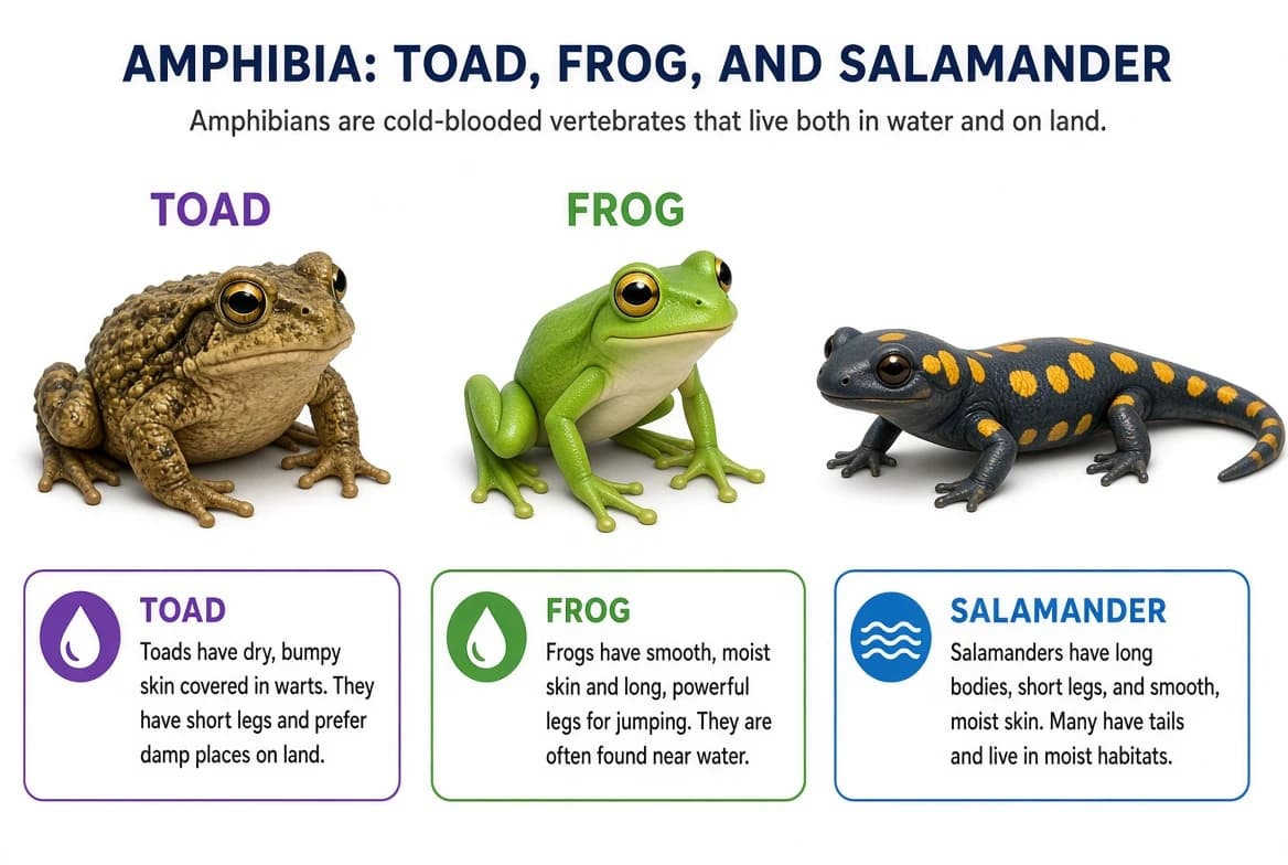 Toad, frog and salamander representing class Amphibia.