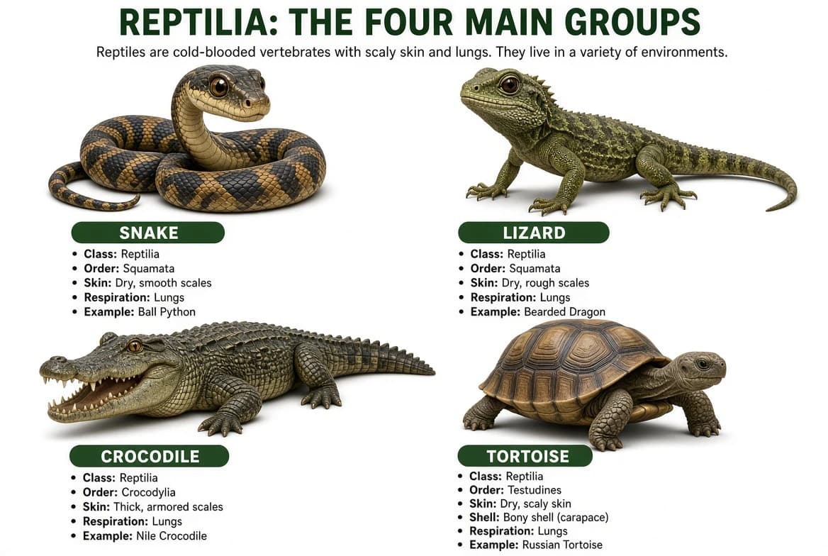 Snake, lizard, crocodile and tortoise representing class Reptilia.