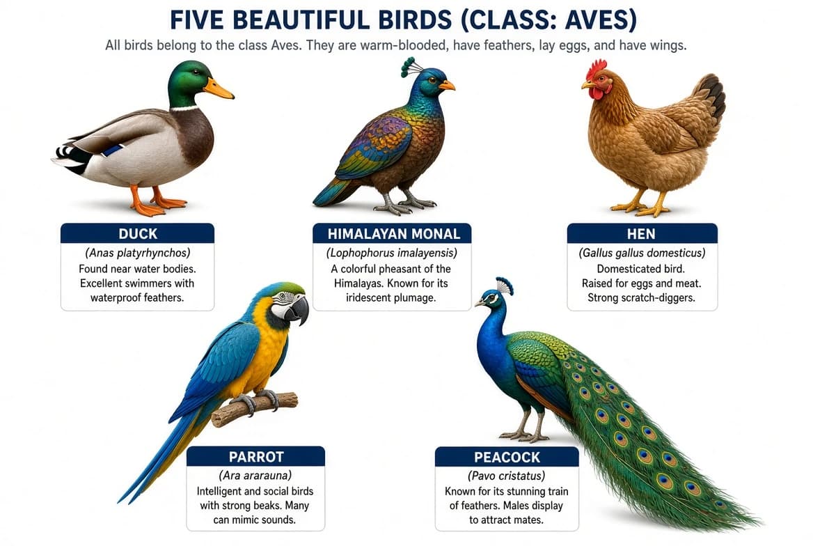 Duck, lophophorus, hen, parrot and peacock representing class Aves.