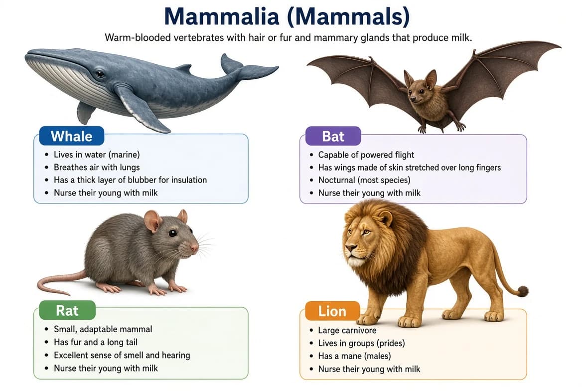 Whale, bat, rat and lion representing class Mammalia.
