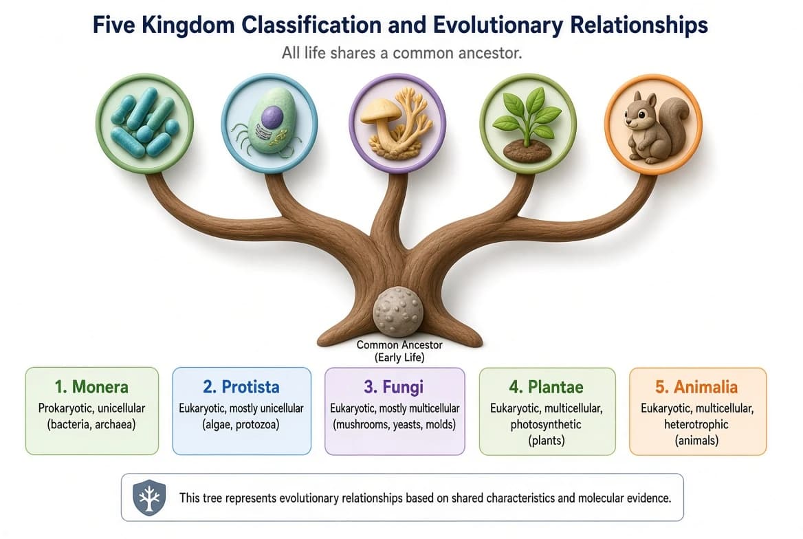Tree diagram showing evolution and classification of the five kingdoms (Monera, Protista, Fungi, Plantae, Animalia).