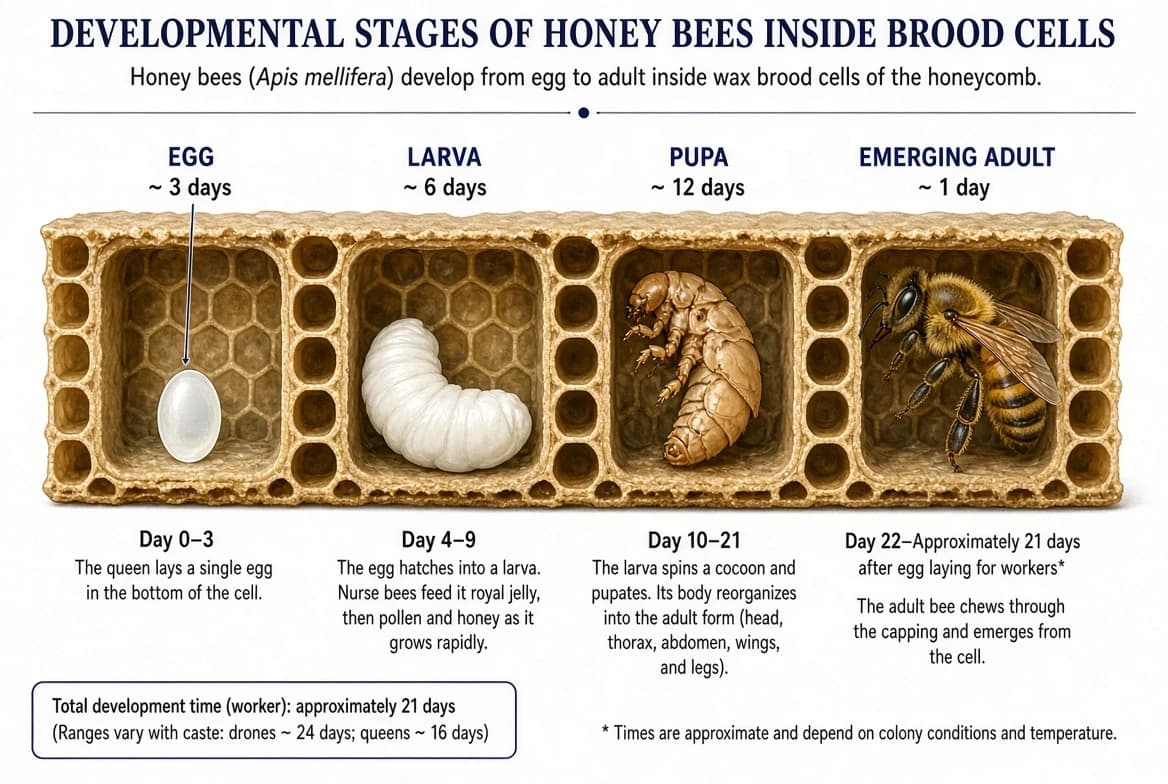 Developmental stages of a bee shown side by side inside brood cells - egg, larva, pupa and adult - with the number of days for each stage.