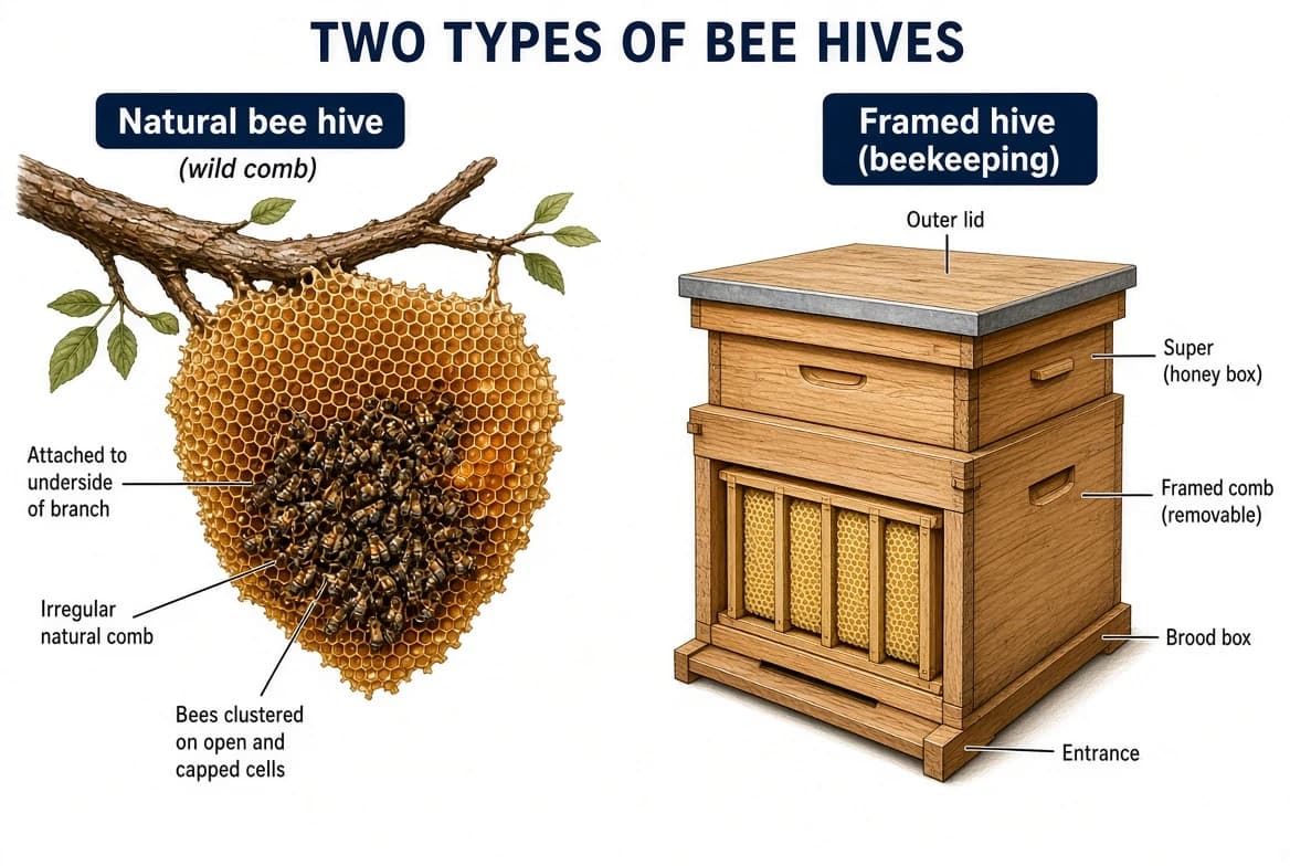 A natural bee hive attached to a tree branch and a framed hive used in beekeeping.