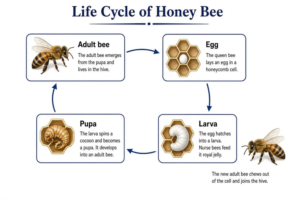 Life cycle diagram of honey bee showing the sequence adult to egg to larva to pupa and back to adult.