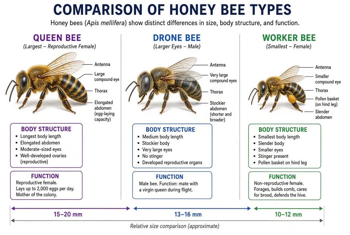 Queen bee, drone bee and worker bee shown side by side to compare their body structure.
