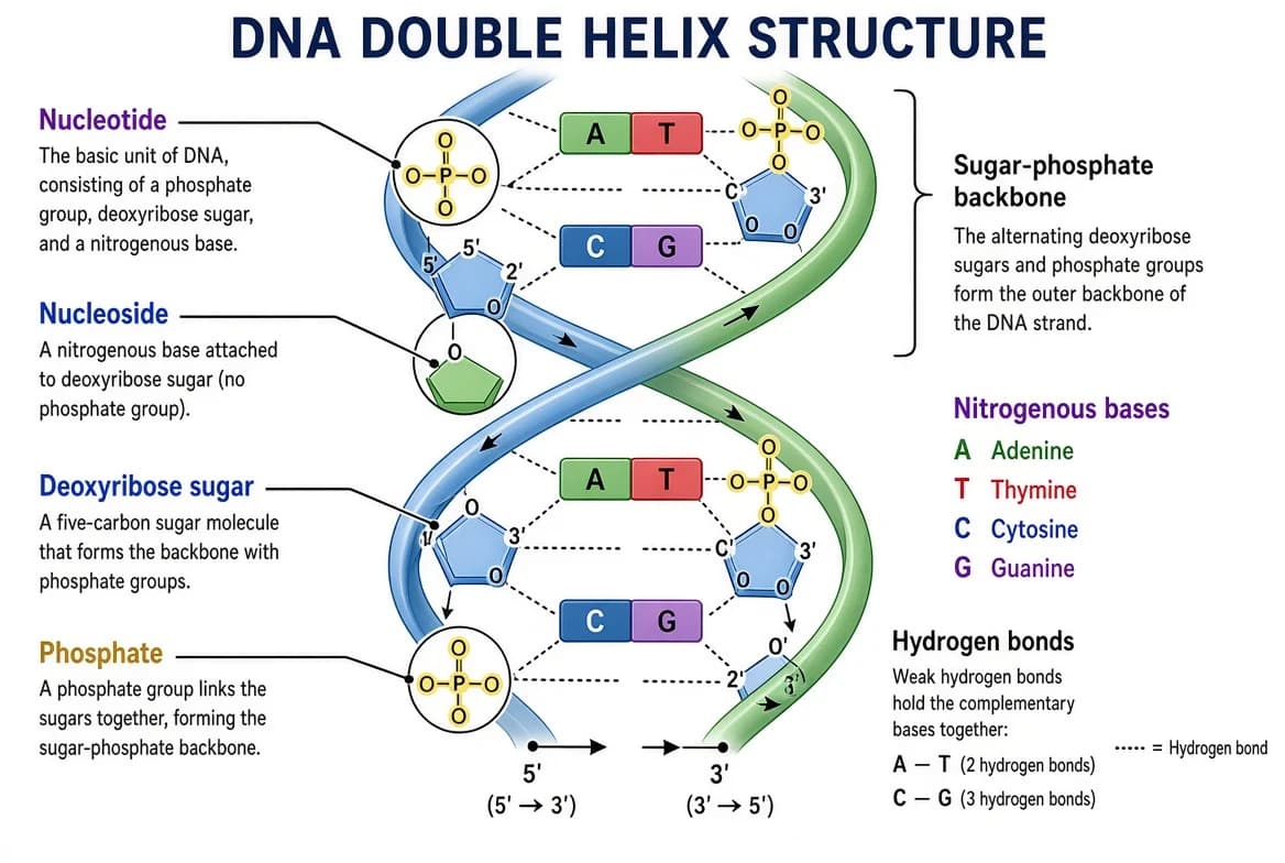 Double helix structure of DNA with labels for nucleotide, nucleoside, phosphate molecule, sugar, nitrogen base and bond, showing the antiparallel strands.