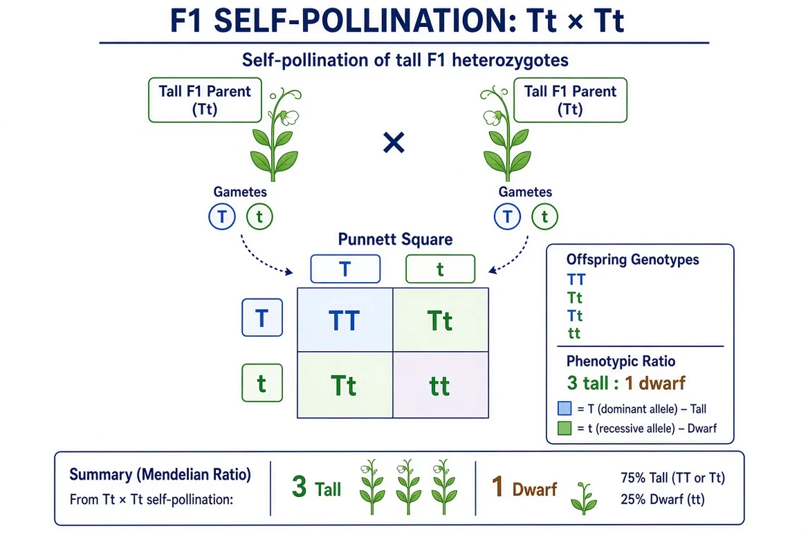 Chart showing self-pollination of F1 tall hybrids (Tt x Tt), with gametes T and t combining to give F2 genotypes Tt, Tt, Tt, Tt, all phenotypically tall in this particular cross shown, illustrating segregation of alleles.