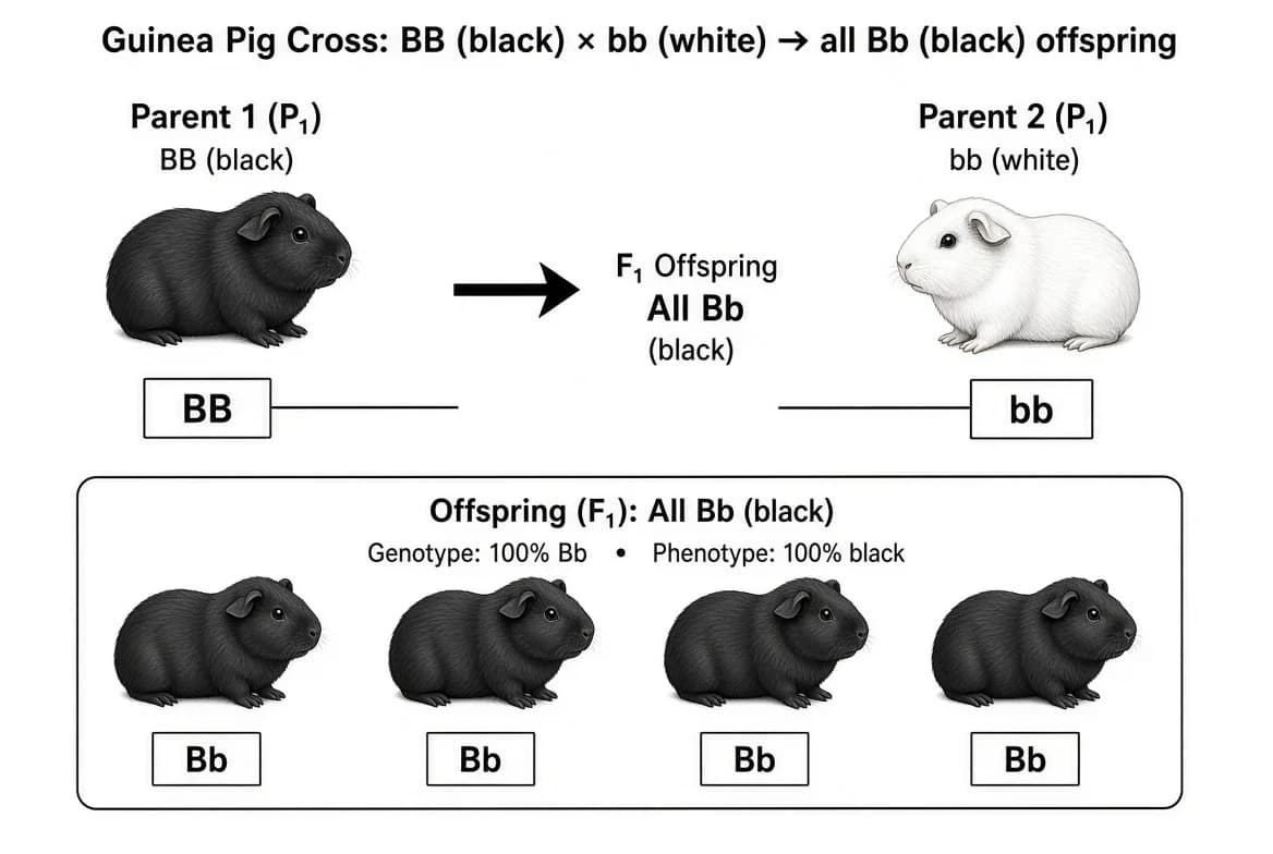 Chart showing the cross between pure black guinea pigs (BB) and pure white guinea pigs (bb), with all F1 offspring genotype Bb.