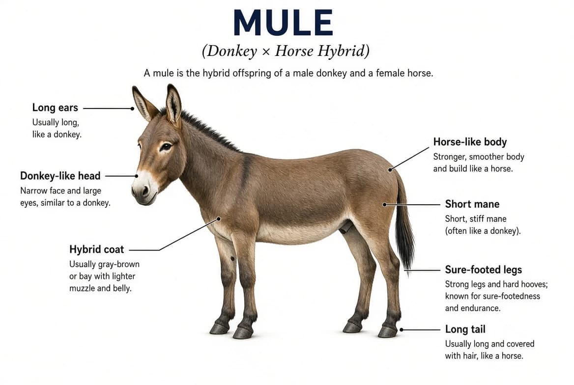 Mule, a hybrid of donkey and horse.