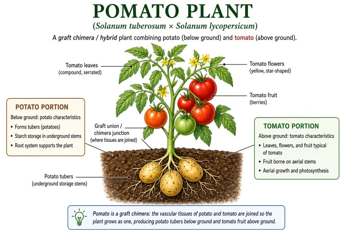 Pomato plant with tomatoes growing above the soil on the stem and potatoes growing underground.