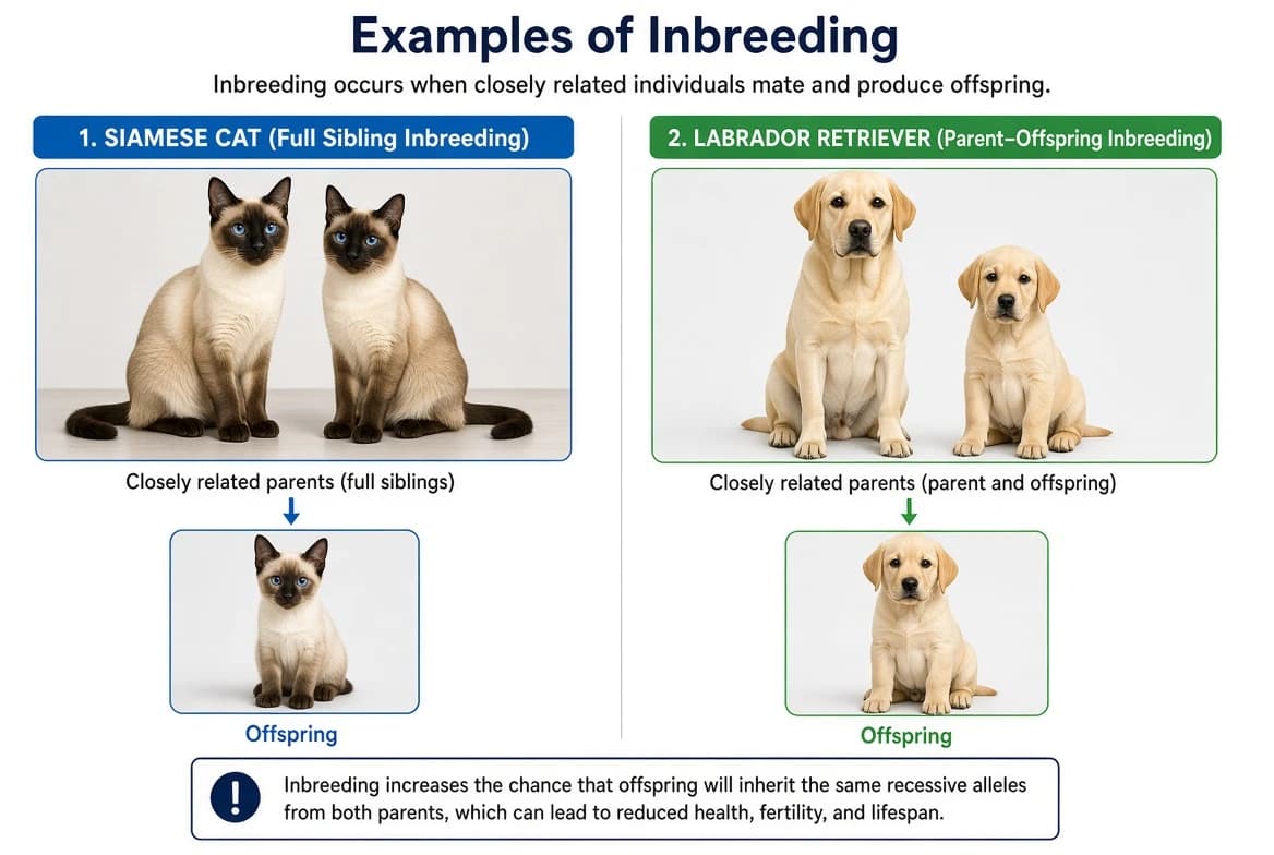 Siamese cat and Labrador Retriever dog as examples of purebred animals produced through inbreeding.