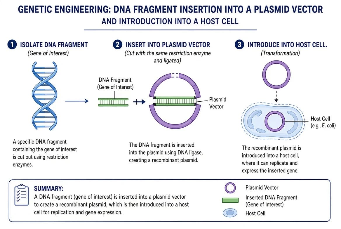 A fragment of DNA of one organism being added to the DNA of another organism using laboratory tools, illustrating genetic engineering.