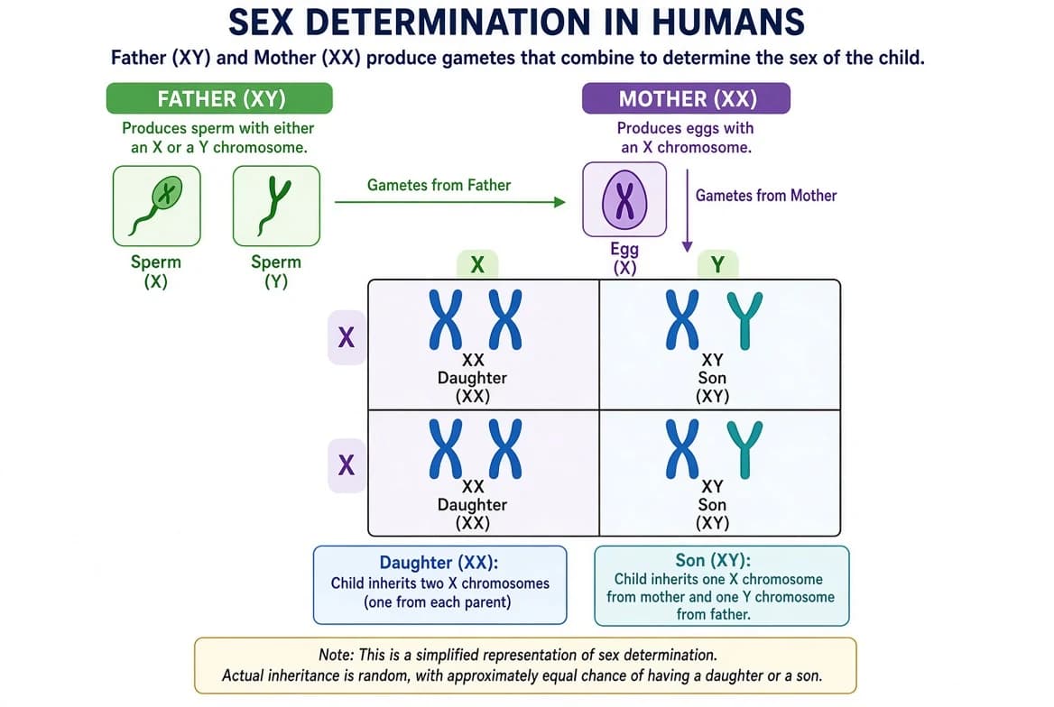 Sex determination chart showing father (44+XY) and mother (44+XX) undergoing meiosis to form gametes 22+X, 22+Y (father) and 22+X, 22+X (mother), which combine at fertilization to give two daughters (44+XX) and two sons (44+XY).