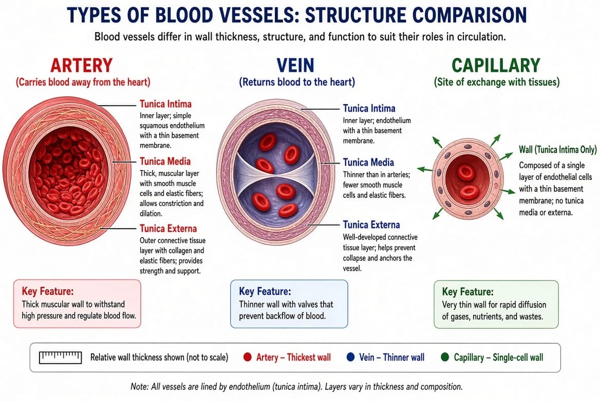 Types of blood vessels (artery, vein, capillary)