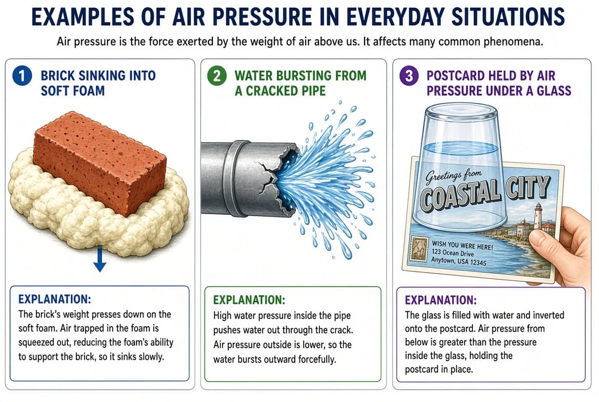 Figure 8.1-8.3: Pressure exerted by a solid (brick on foam), a liquid (water in a pipe) and a gas (air on a postcard).