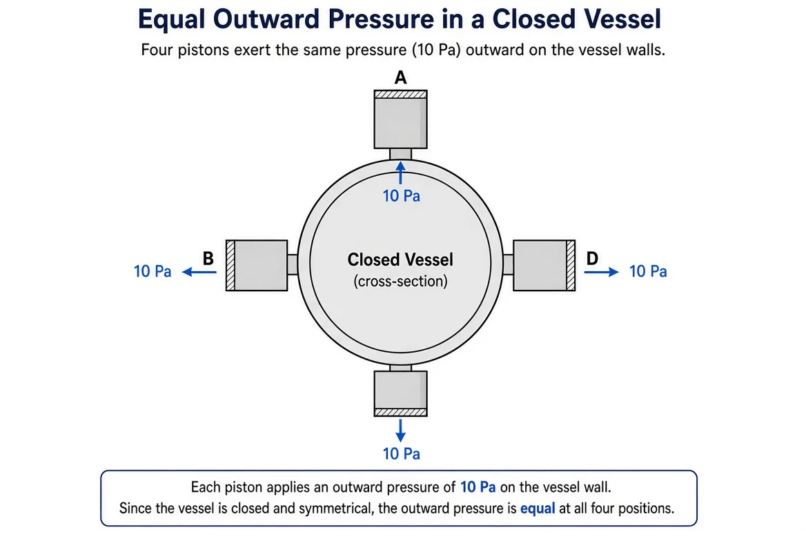 Verification of Pascal's law using a closed circular vessel with four pistons A, B, C and D, each showing equal 10 Pa pressure.