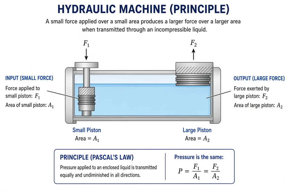 Structure of a hydraulic machine showing input force F1 on the small piston and output force F2 on the large piston.