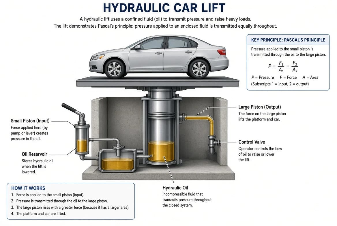Hydraulic car lift raising a car on a platform using oil-filled pistons.