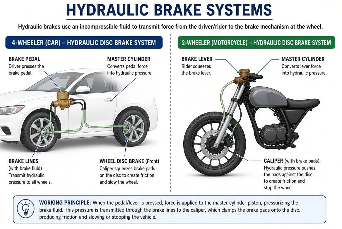 Hydraulic brake system in a four-wheeler and a two-wheeler, showing master cylinder, brake fluid and brake pads.