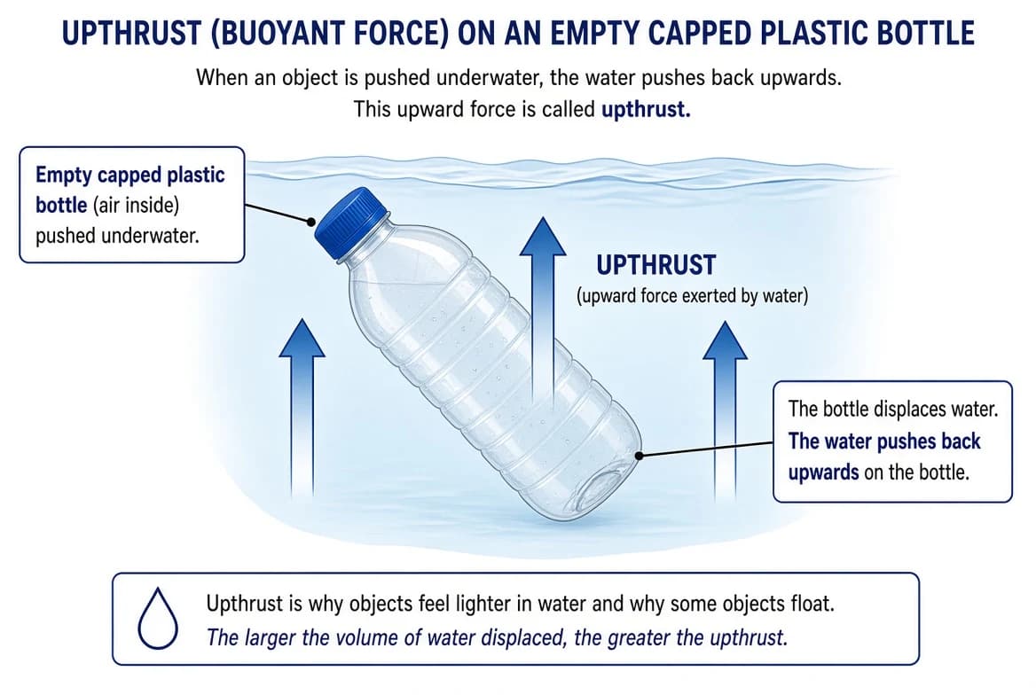 An empty bottle being pushed into water, showing the upward force (upthrust) acting on it.
