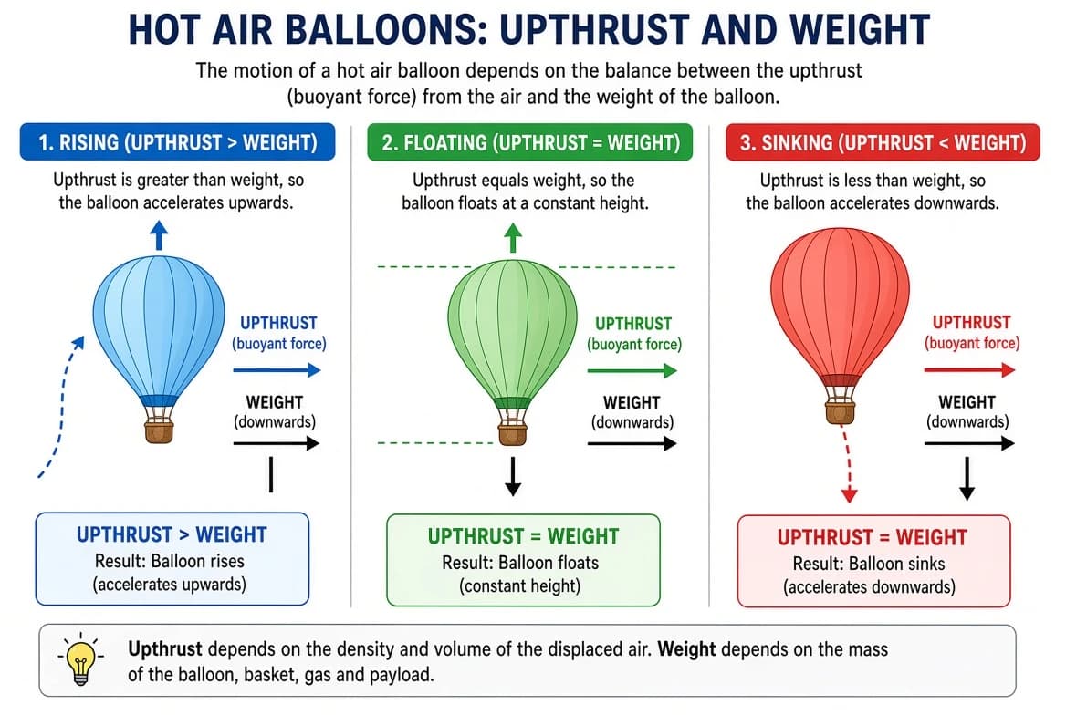 Three hot air balloons showing upthrust greater than weight, upthrust equal to weight, and upthrust less than weight.