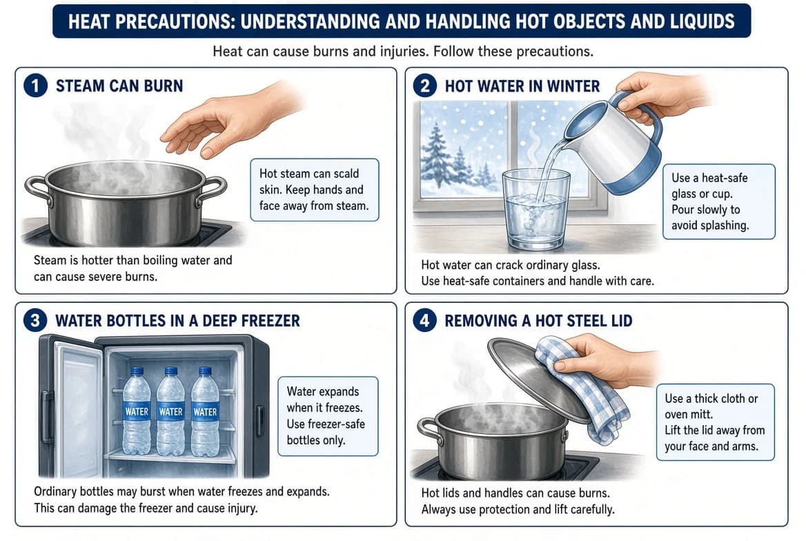 Everyday precautions related to heat: not touching steam, not pouring hot water into a glass tumbler in winter, not keeping a full water bottle in the deep freeze, not removing a hot lid with bare hands.