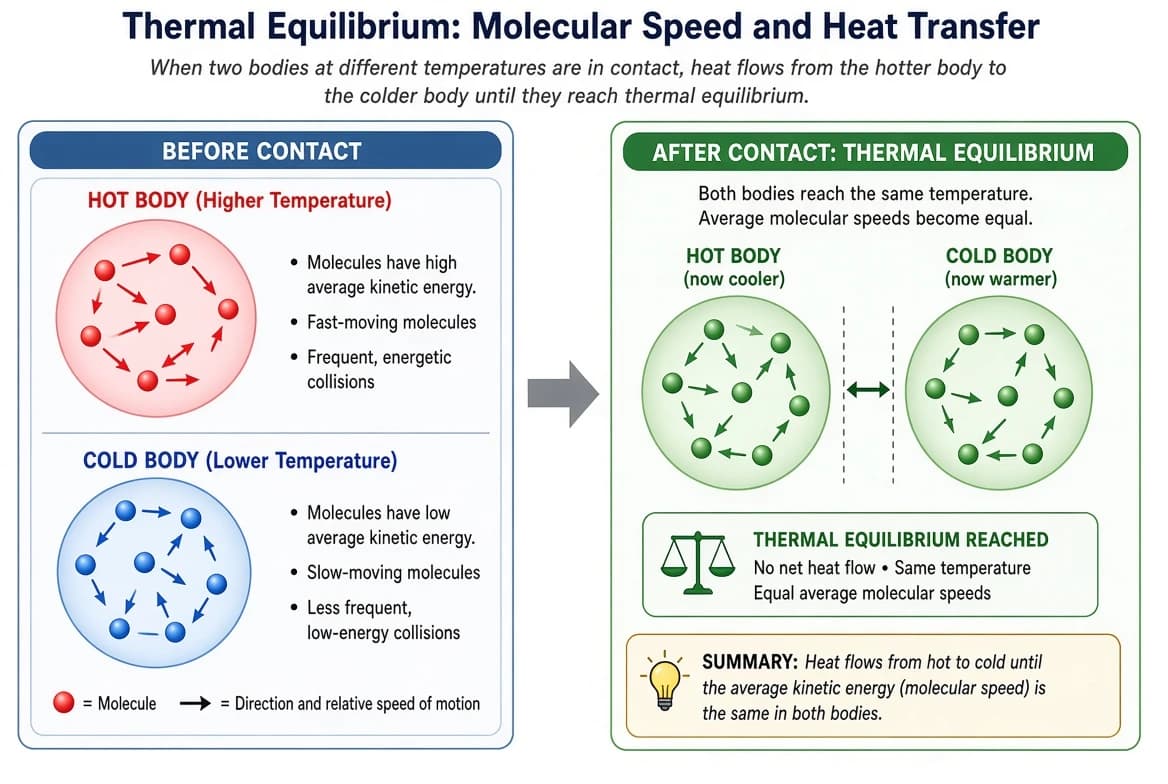 A hot body and a cold body with molecules moving at different average speeds, shown reaching the same average speed after thermal equilibrium.