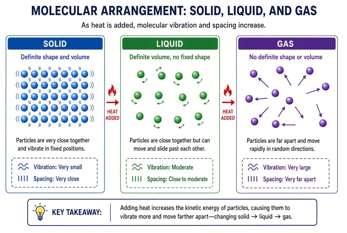 Comparison of molecular arrangement and spacing in solids, liquids and gases, showing increased vibration and spacing on heating.