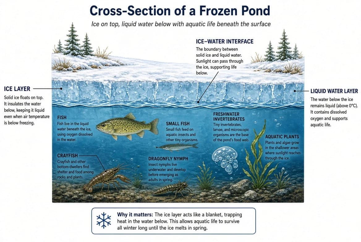 Fish and aquatic organisms surviving in liquid water beneath a layer of surface ice on a frozen pond.